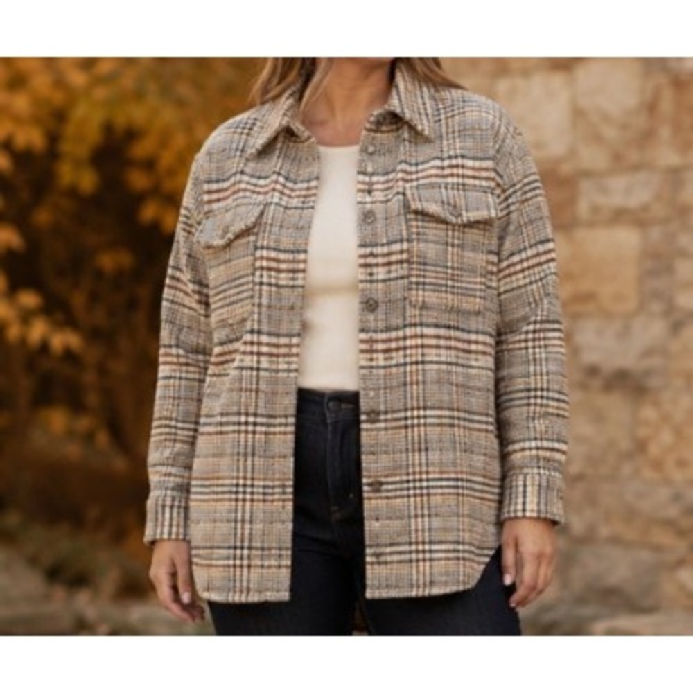 Joie Plaid Shacket Womens L Tan Beige Rustic Jacket